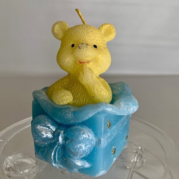 Teddy Bear Candle Happy Bear Blue Yellow Wax Baby Boy Unique Shower Gift Vintage - Picture 2 of 14
